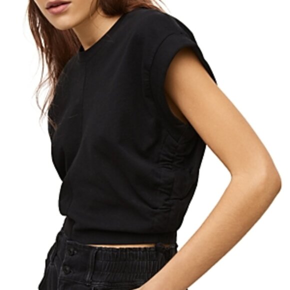 AllSaints Mira Crop Cuffed Short Sleeve Ruched Drawstring Mid-Drift Solid Tee L - Picture 3 of 6